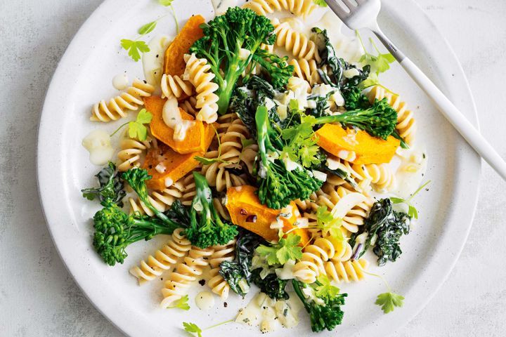 Creamy Pumpkin, Sage, Broccolini and Kale Pasta